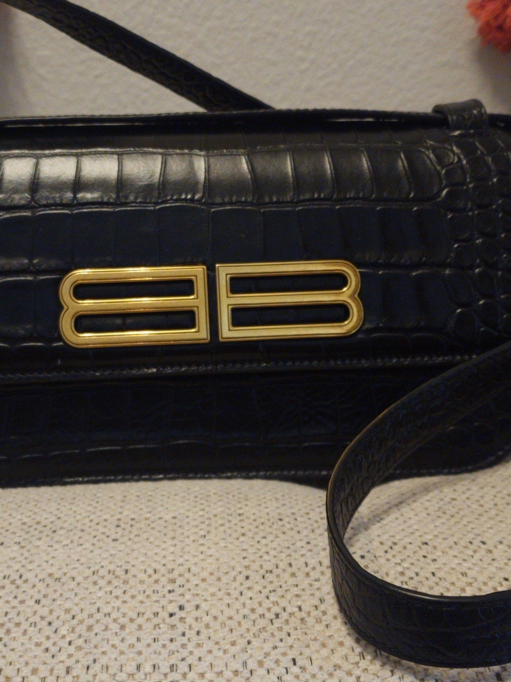Balenciaga Black Croc-Embossed Shoulder Bag with Gold Hardware - Authentic
